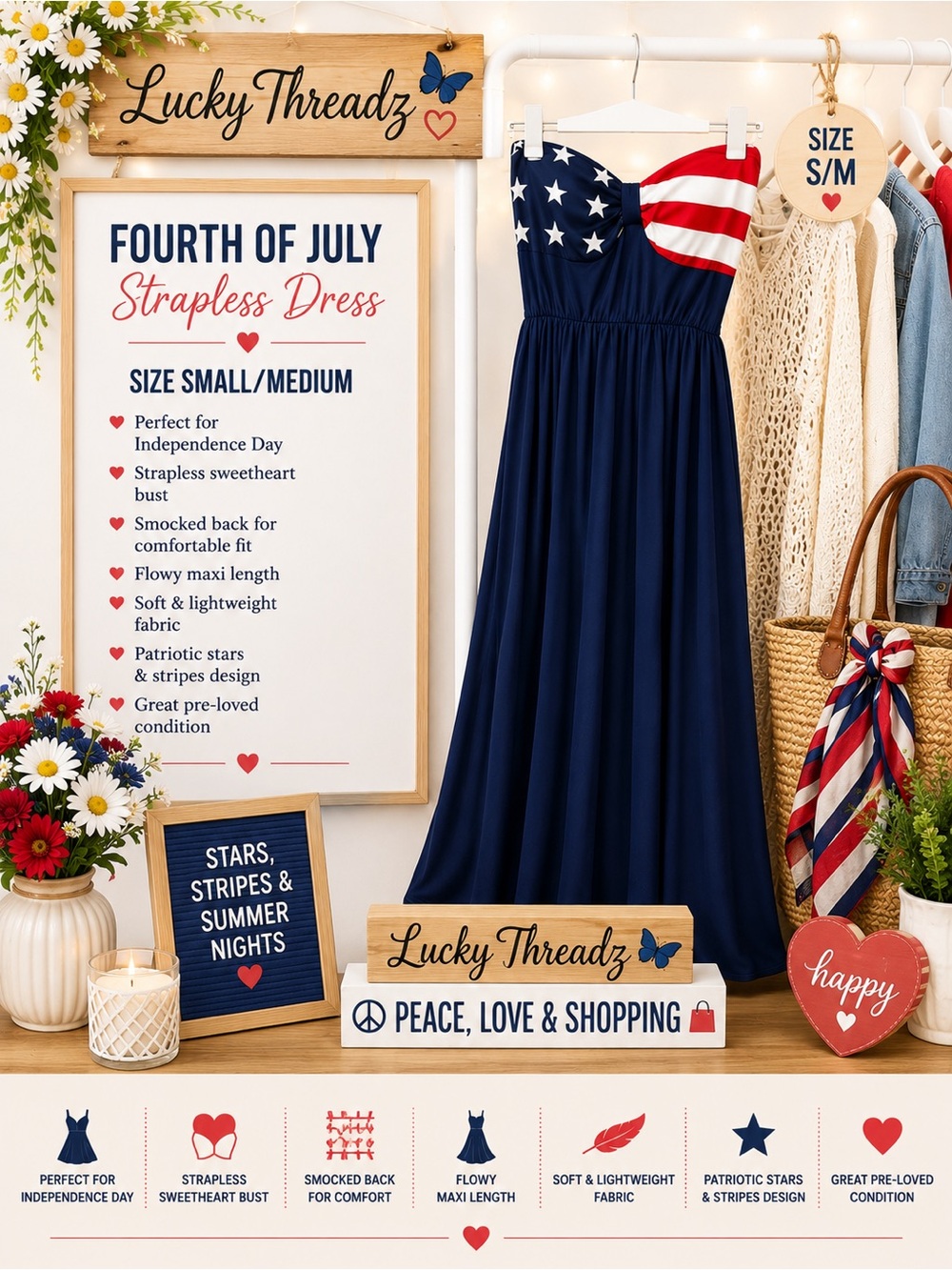 4th of July dress- Strapless Navy Maxi  with Stars & Stripes size small/medium